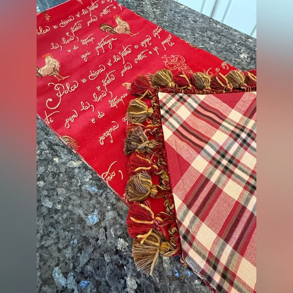 Red jacquard table runner featuring a traditional French rooster design 104x12”